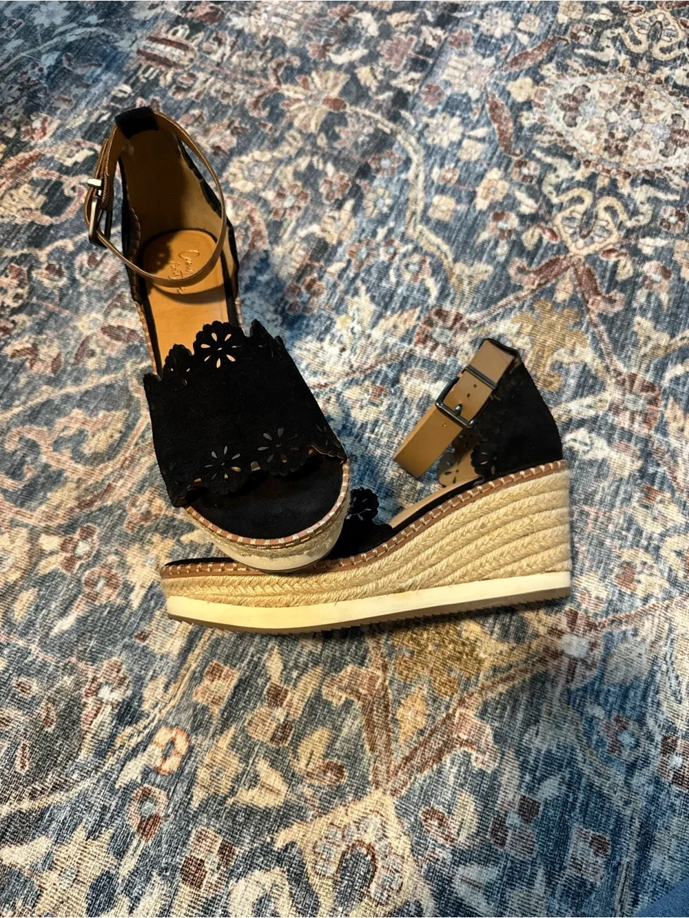 Crown Vintage Black Floral Cutout Espadrille Wedge Sandals